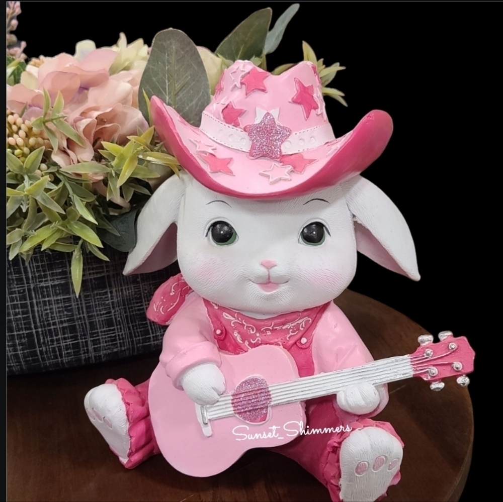 Bunny Girl Sparkly Pink Cowboy Hat Overalls Guitar Figure Decor
